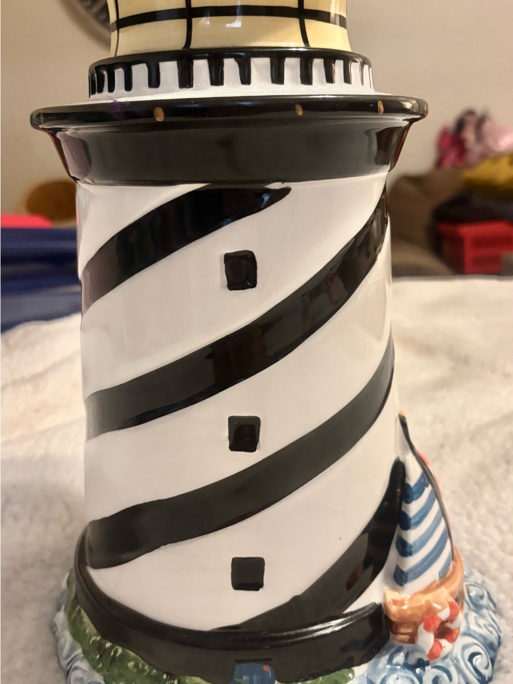 Striped Ceramic Lighthouse Cookie Jar - Black & White Nautical Accent
